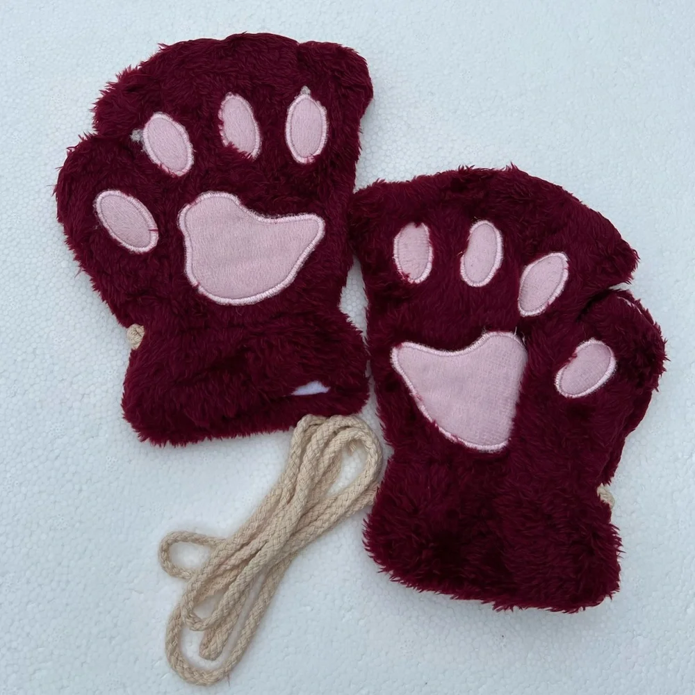 Super Soft Faux Fur Cat Bear Animal Paw Fingerless Gloves NEW Deadstock